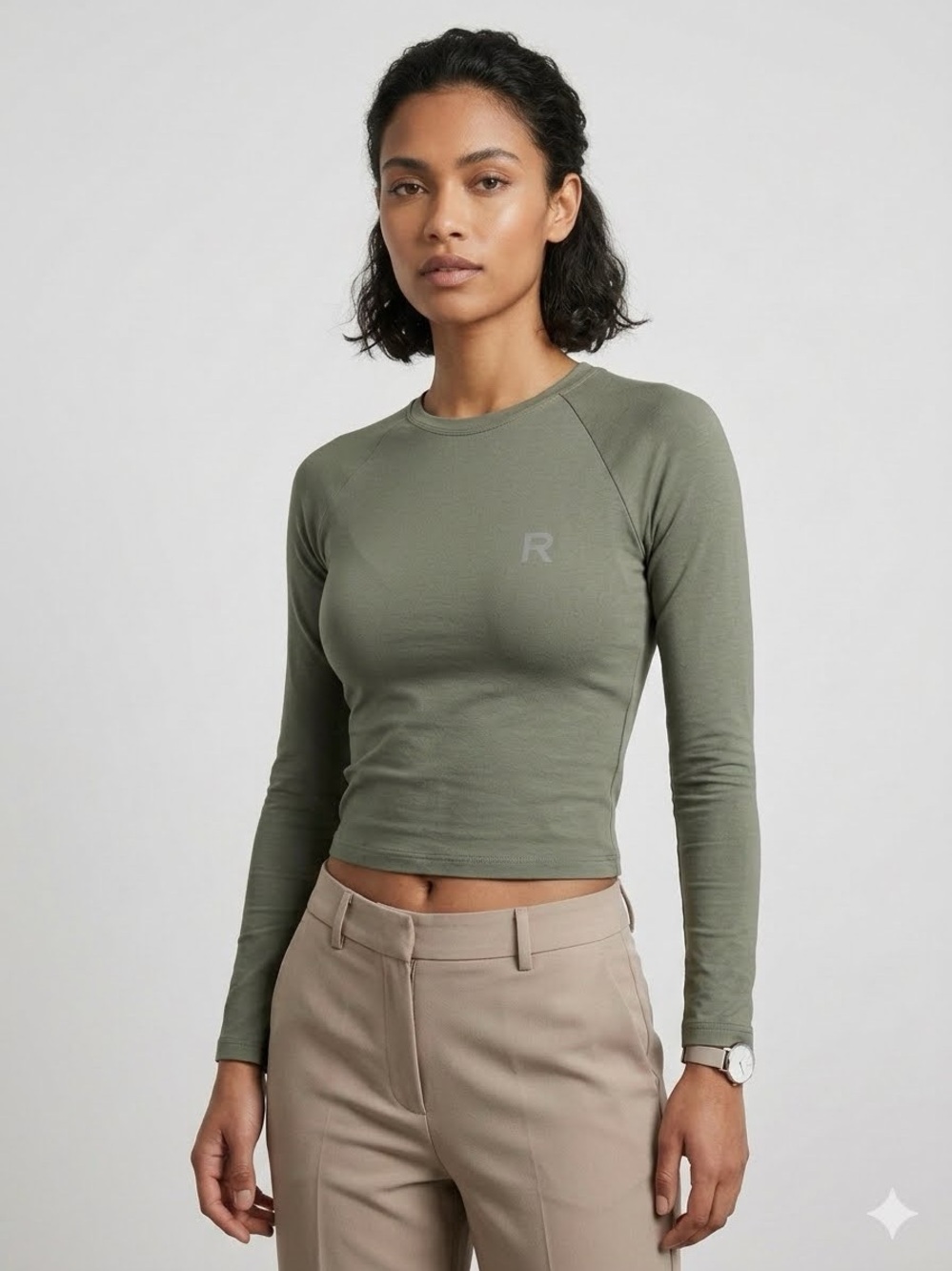 Ragdoll Olive Green Long Sleeve Slim Crew Top